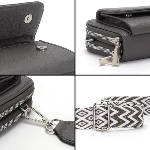 Detalle 2 de Snmoec Umhängetasche mit Kartenfächern, Münzbörse und Handyfach (bis 6,9 Zoll) – dunkelgrau