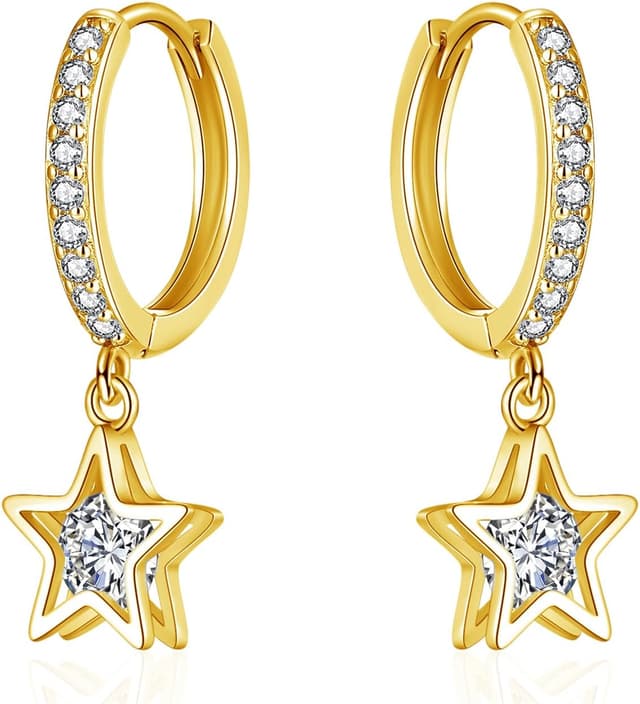Detalle de Josfeva 925 Sterling Silver Hanging Hoop Earrings with Zirconia Pendants (Star, Teardrop or Heart)