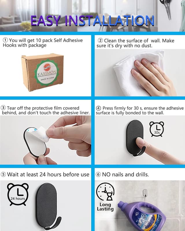 Thumbnail 6 de KAXIMON Self Adhesive Hooks White (10 pack) – extra strong sticky hooks for kitchen and bathroom