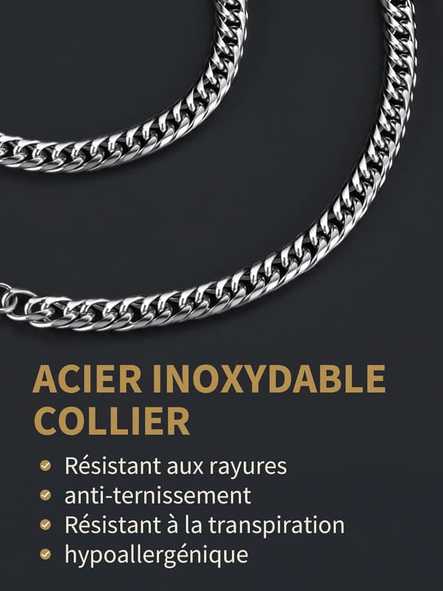 Detalle de FindChic Collier homme cubaine en acier inoxydable 316L, largeurs 3/6/9/12 mm, longueurs 46 à 76 cm