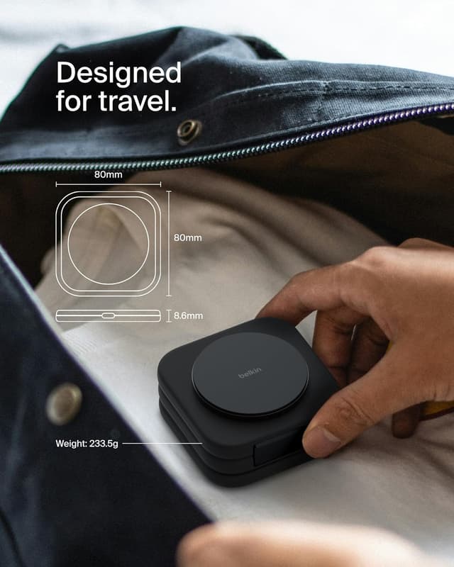 Detalle de Belkin BoostCharge Pro Foldable Qi2-Certified 3-in-1 Wireless Charger Travel Pad (MagSafe-compatible, up to 15W)