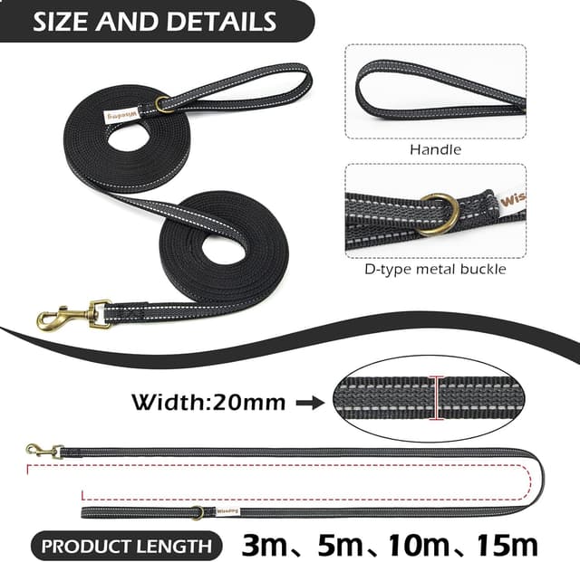 Detalle 2 de Wisedog Black 3m Reflective Long Line Dog Lead with Non-Slip Rubber Grips