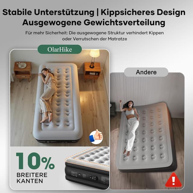 Detalle de OlarHike Luftbett 1 Person 90 x 200 x 50 cm mit integrierter Pumpe – Gästematratze für Camping & Zuhause