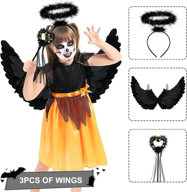 Detalle 2 de Newthinking Angel Wings and Halo Costume Set (Black) for Adults & Kids, 65 x 35cm