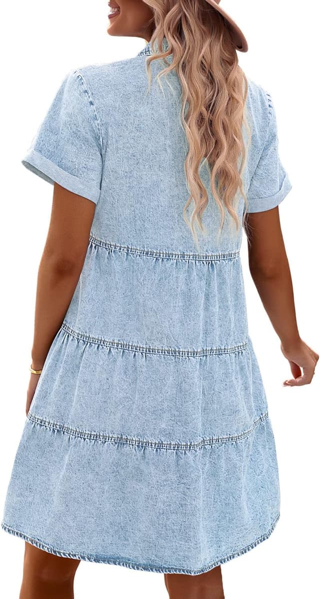 Detalle de GRAPENT Denim Dress for Women Babydoll Tiered Short Sleeve Button-Down Jean Shirt Dress