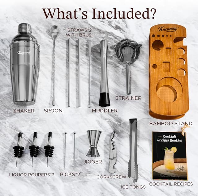 Detalle de KITESSENSU Cocktail Shaker Set Bartender Kit with Stand (15-Piece) in Black