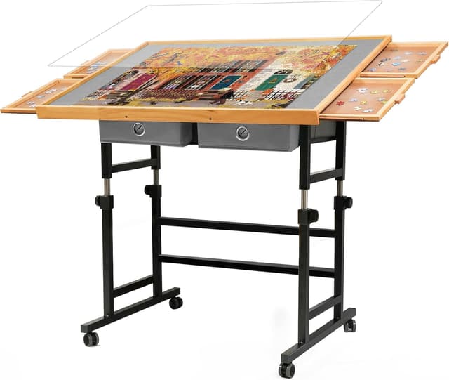 Detalle de BuilderButler 1500-Piece Puzzle Table with Wheels, Adjustable Height & 45° Tilt, Drawers and Cover