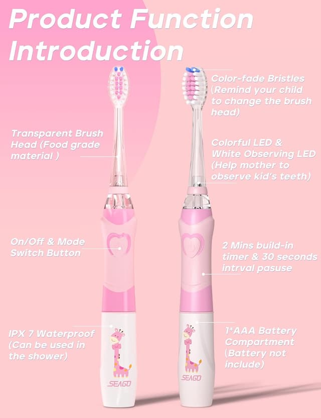Detalle 2 de SEAGO SG977 Kids Electric Toothbrush (Ages 3+), Soft Bristles, Timer, IPX7 Waterproof