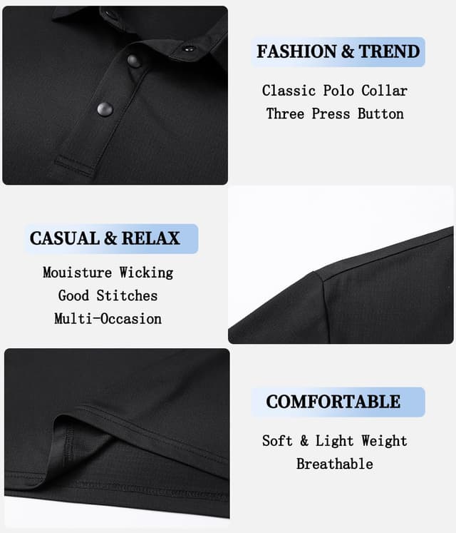 Detalle de ZENGVEE 1/3/5 Pack Men’s Polo Shirts – Breathable Quick-Dry Golf Polos with 3 Buttons