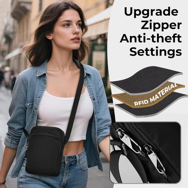Detalle 2 de Tibroni sac à bandoulière antivol compact avec fermeture éclair, blocage RFID et poche étanche