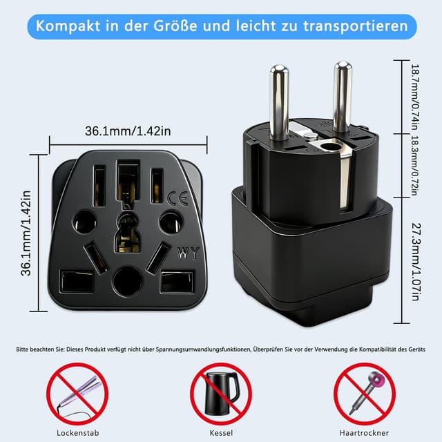 Detalle 2 de 2er Set Steckdosenadapter (US/UK auf EU) für Reisen – internationaler Adapter für Stecktypen A, B, G, I, J