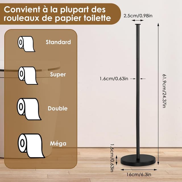 Detalle de Porte papier toilette sur pied noir avec réserve (jusqu’à 4 rouleaux) – support antirouille sans perçage