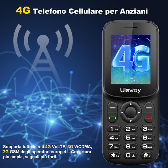 Detalle de Uleway 4G telefono cellulare compatto per anziani con doppia SIM, tasti grandi, USB‑C e radio FM (LCD da 1,77")