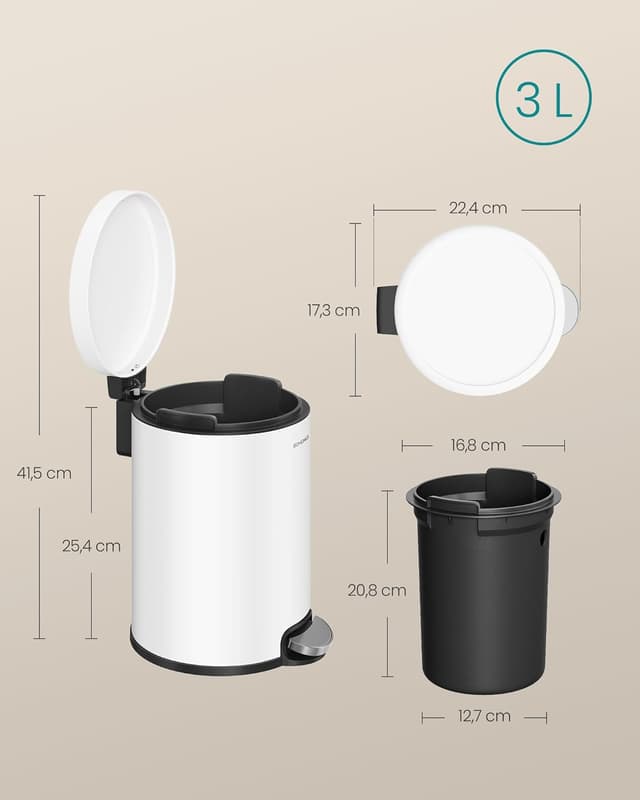 Thumbnail 6 de SONGMICS LTB013WZ01 cestino da bagno da 3 L con pedale e chiusura morbida, bianco nuvola