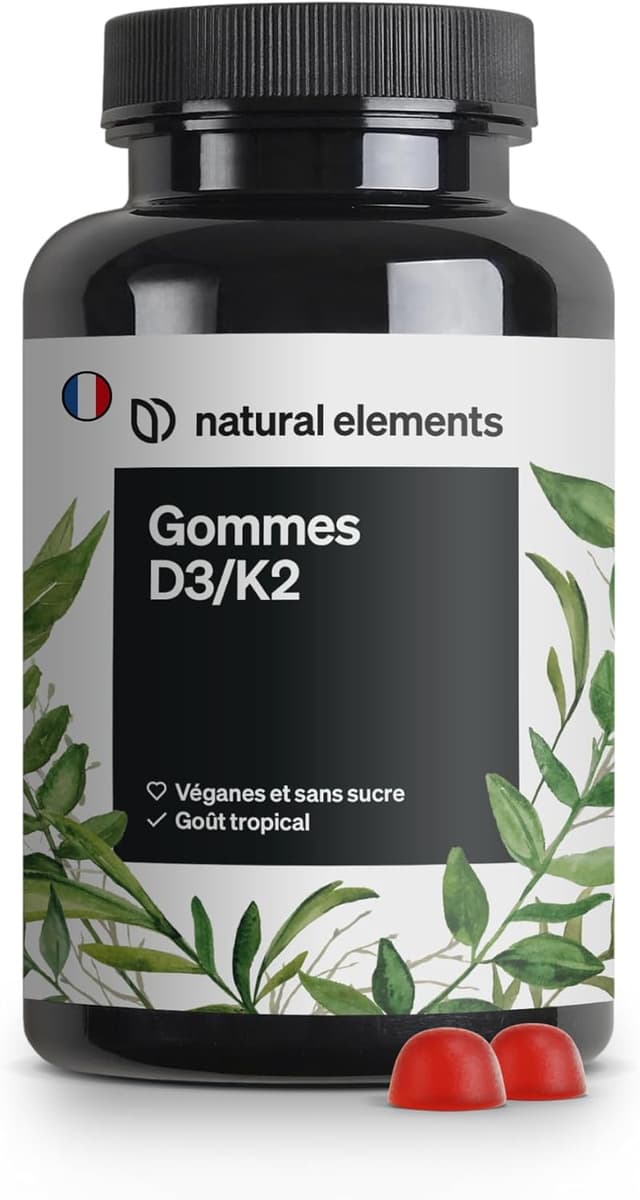 Detalle de Gommes D3 & K2 1 000 U.I. (120 gummies) – goût tropical, véganes et sans sucre