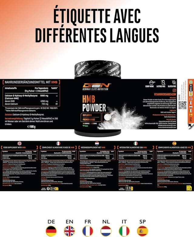 Detalle de Poudre de HMB Calcium-HMB haute pureté – 500 g (100 portions, vegan, sans additifs)