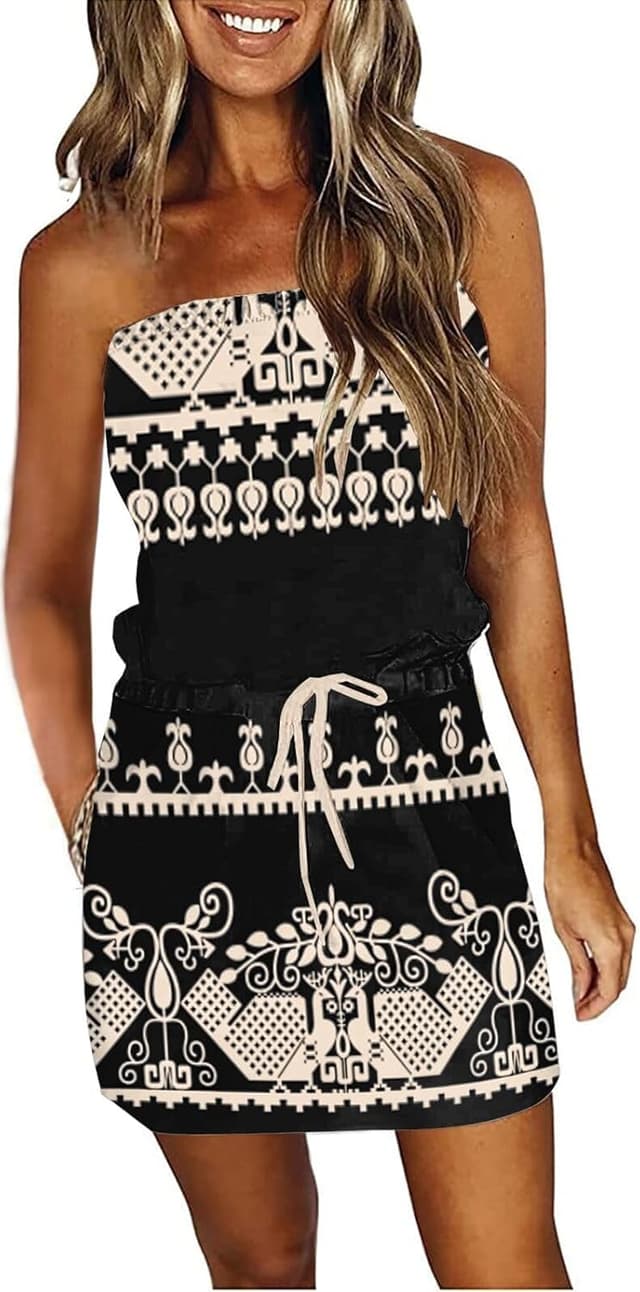 Detalle de Women’s Strapless Summer Dress Boho Beach Cover-Up with Pockets and Drawstring Waist