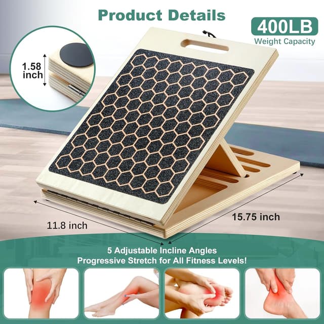 Detalle de Slant Board for Calf Stretching with 2 Resistance Bands and Training Poster (11-Layer Hardwood Stretch Board)