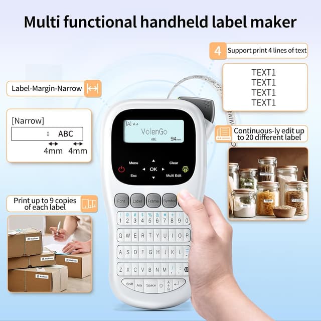 Detalle de VolenGo H1100 Label Maker with 12mm Laminated Tape, Backlit LCD and Cable QWERTY Keyboard (White)