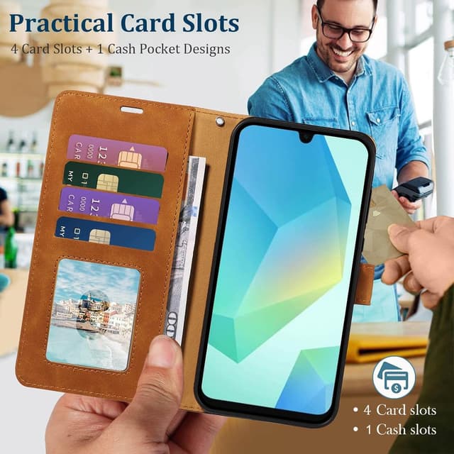 Detalle de GOTOURED Handyhülle für Samsung Galaxy A16 mit RFID-Blockierung, Kartenfächern, Handgelenksgurt, Ständer & Magnetverschluss (Braun)