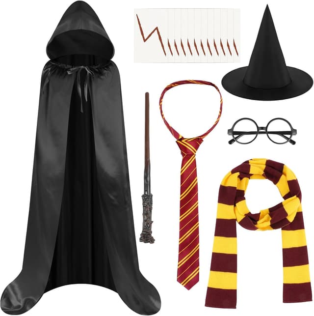 Detalle de AUYAO Zauberer-Kostüm Zubehör-Set für Kinder (11-teilig) mit Umhang, Mütze, Zauberstab & Party-Accessoires