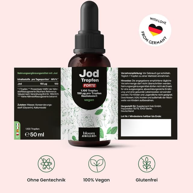 Thumbnail 6 de Jod hochdosiert – 1.100 Tropfen Iod-Tropfen mit 150 µg pro Tropfen, vegan & in Deutschland produziert