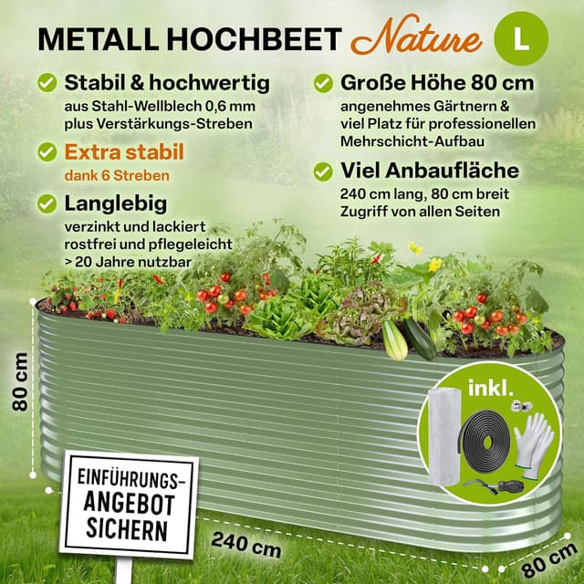 Detalle 2 de TTL GARDEN Nature L Metall-Hochbeet 240x80x80 cm (salbei-grün) – verzinkt & lackiert mit Ungeziefer-Draht
