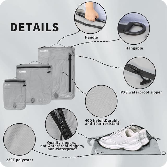 Detalle 2 de EULANT Compression Packing Cube Set: 3 Vacuum Bags + Shoe Bag for Waterproof, Airtight Packing