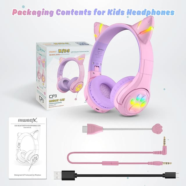 Thumbnail 6 de Riwbox CF9 Cat Ear Kids Bluetooth Headphones with LED, 85dB Safe Volume Limit, Built-in Mic (Purple)