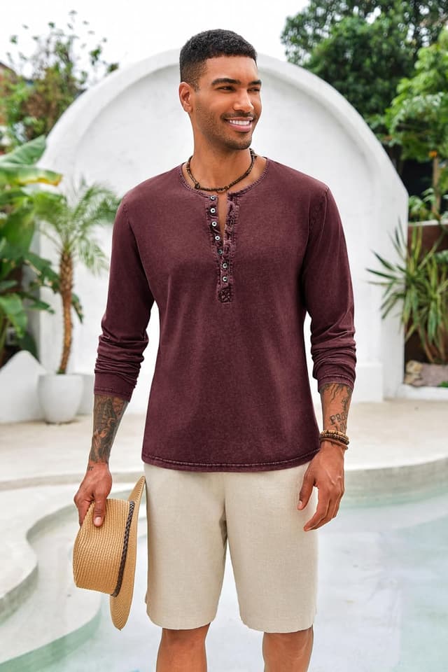 Detalle de Beotyshow Herren Langarm-Henley-Shirt im Vintage-Look (Slim Fit) – leichtes Baumwollhemd