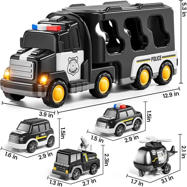 Detalle de JUKUDAHU Police Truck Toy Set (5-in-1 Carrier Truck with 3 Small Cars + Helicopter) for Ages 3–9