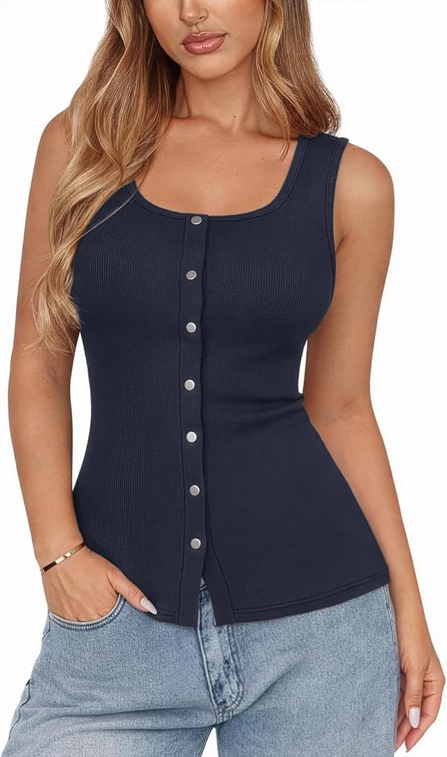 Detalle de Aottori débardeur femme sans manches côtelé à boutons, col rond et coupe slim fit