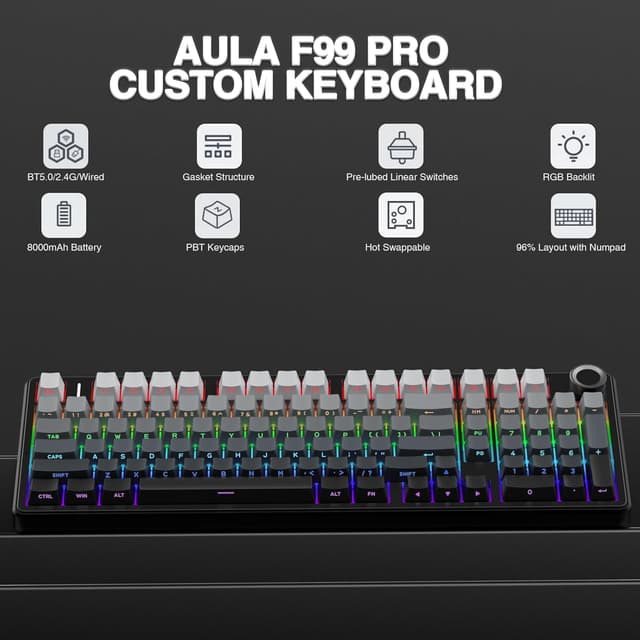 Detalle de AULA F99 Pro Wireless Mechanical Keyboard (Knob, Tri-Mode BT5.0/USB-C/2.4GHz, Hot-Swappable, PBT)