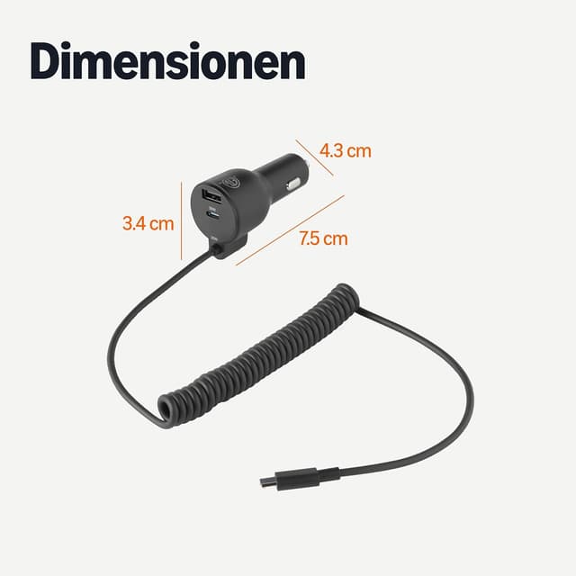 Detalle de Amazon Basics Schnelllade-Autoladegerät mit USB‑C & USB‑A, 60 W (drei Ports) und 152,4 cm Spiralkabel – Schwarz