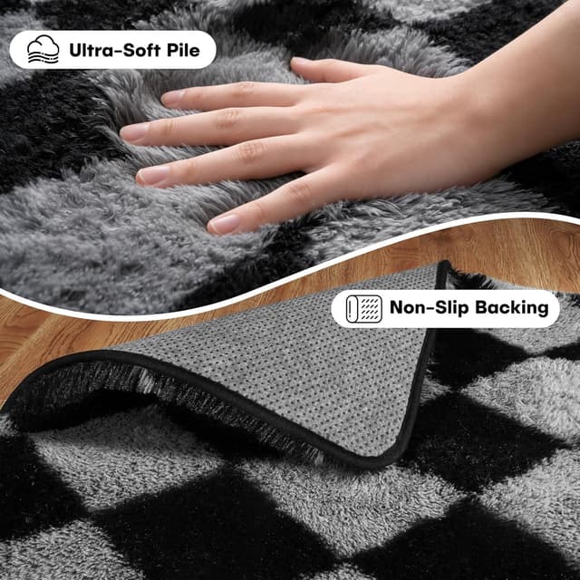 Detalle 2 de FVVRAX Checkered Fluffy Rug 200x300cm (Black & Grey) – Plush low-shedding non-slip area rug