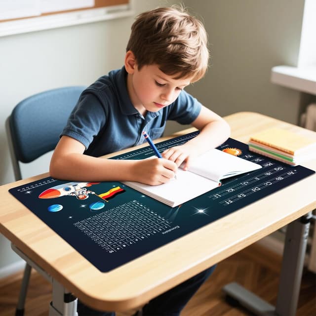 Detalle de FONCOOD Schreibtischunterlage Kinder 60x40 cm Weltraum – abwischbare Lernunterlage mit Alphabet & Einmaleins