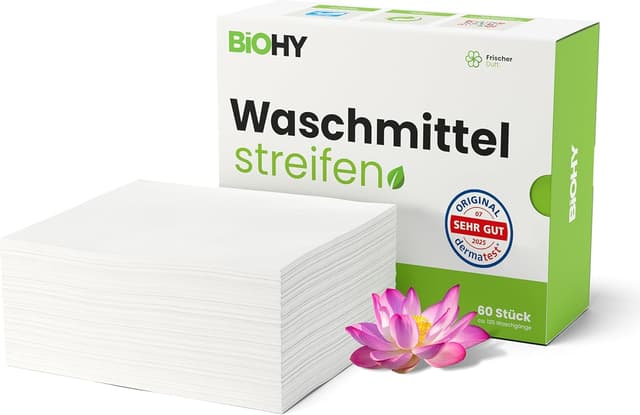 Detalle de BiOHY Waschmittel Blätter (1 x 60 Stück) – nachhaltiges Universal-Reisewaschmittel in wasserlöslichen Streifen