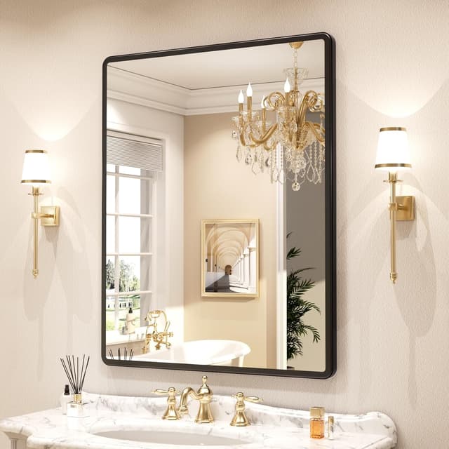 Detalle de pertetey New Upgrade Bathroom Mirror (24x36 in) — Black Metal Frame, Tempered Glass