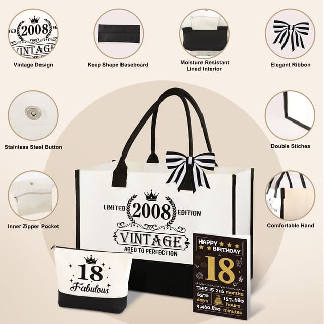 Detalle de 18th Birthday Gifts for Girls – Vintage 2008 Canvas Tote & Makeup Bag Set (2008 “Fabulous 18” set)