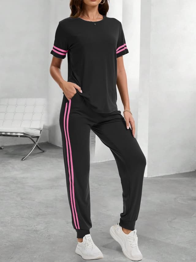 Detalle de KBKBSN Women’s 2-Piece Summer Striped Lounge Set (Crew Neck Pullover + Drawstring Pants)
