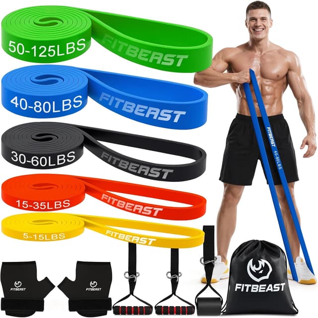 Detalle de FitBeast Widerstandsbänderset (5 Bänder) inkl. Handschuhen & Türanker für Krafttraining zu Hause