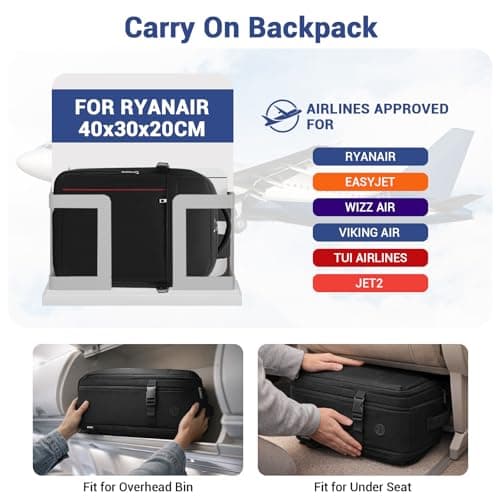 Detalle de Kono Mochila de viaje para Ryanair/Vueling cabina 40x30x20 cm (24L) con apertura 180° y compartimento portátil, negro