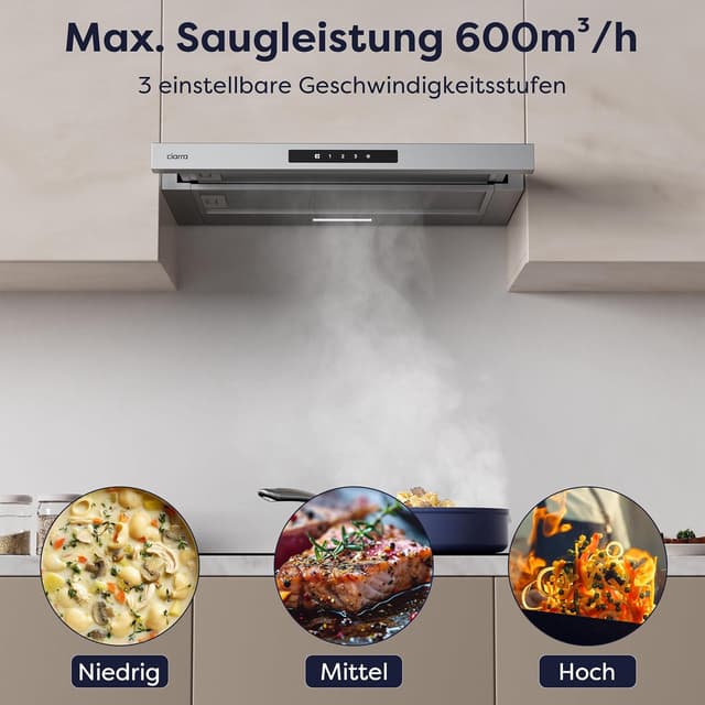 Detalle de CIARRA CBCS6909A A+ Flachschirmhaube für Umluft/Abluft, 60 cm, Touch-Bedienung, bis 600 m³/h