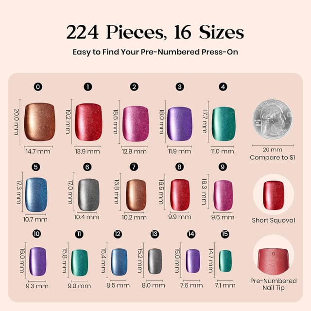 Detalle 2 de Beetles X Press Plus Cat Eye Nails “Galaxy Aurora” – 7-Color Short Square Press-On Set (224 pcs, 16 sizes)