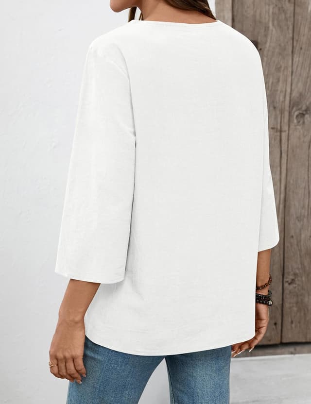 Detalle 2 de Rapbin Bluse Damen 3/4 Arm mit V-Ausschnitt aus Baumwoll-Leinen-Mix und Spitze