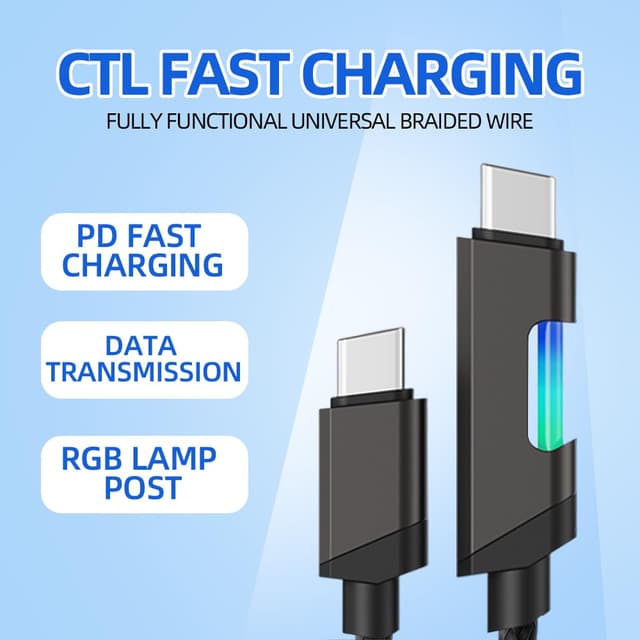Detalle de USB Type-C Fast Charge Lead 60W with RGB Light, 1.2m Nylon Braided (2 Pack)