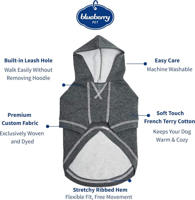 Detalle de Blueberry Pet Essentials Dog Hoodie (10 inch) in Charcoal Grey — Cotton-Blend Sweatshirt with Hood
