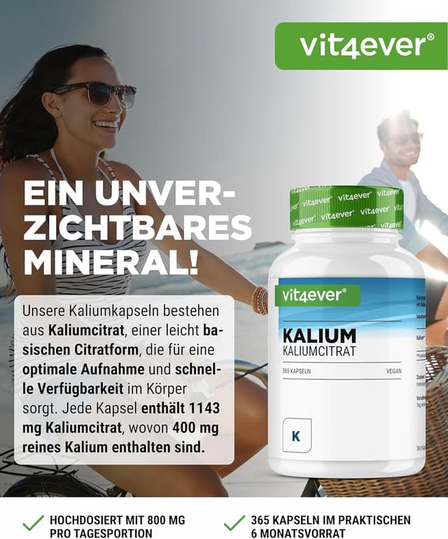Detalle de vit4ever Kalium Kaliumcitrat 800 mg pro Tagesdosis – 365 Kapseln (6-Monatsvorrat, vegan)