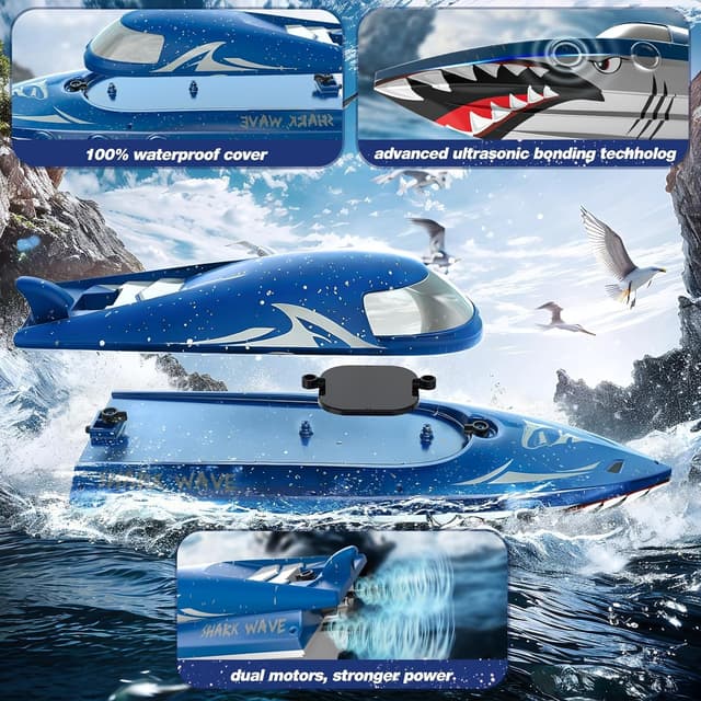 Detalle 1 de Shark RC Racing Boat for Kids & Adults (2.4GHz) with Dual Battery, Waterproof Remote Control Toy