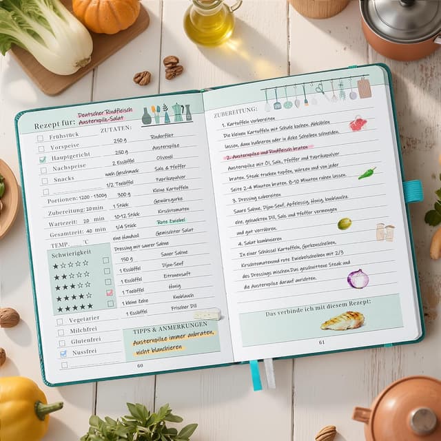 Detalle 2 de Rezeptbuch A5 zum Selberschreiben – Notizbuch für Lieblingsrezepte mit Inhaltsverzeichnis & Register, Grün